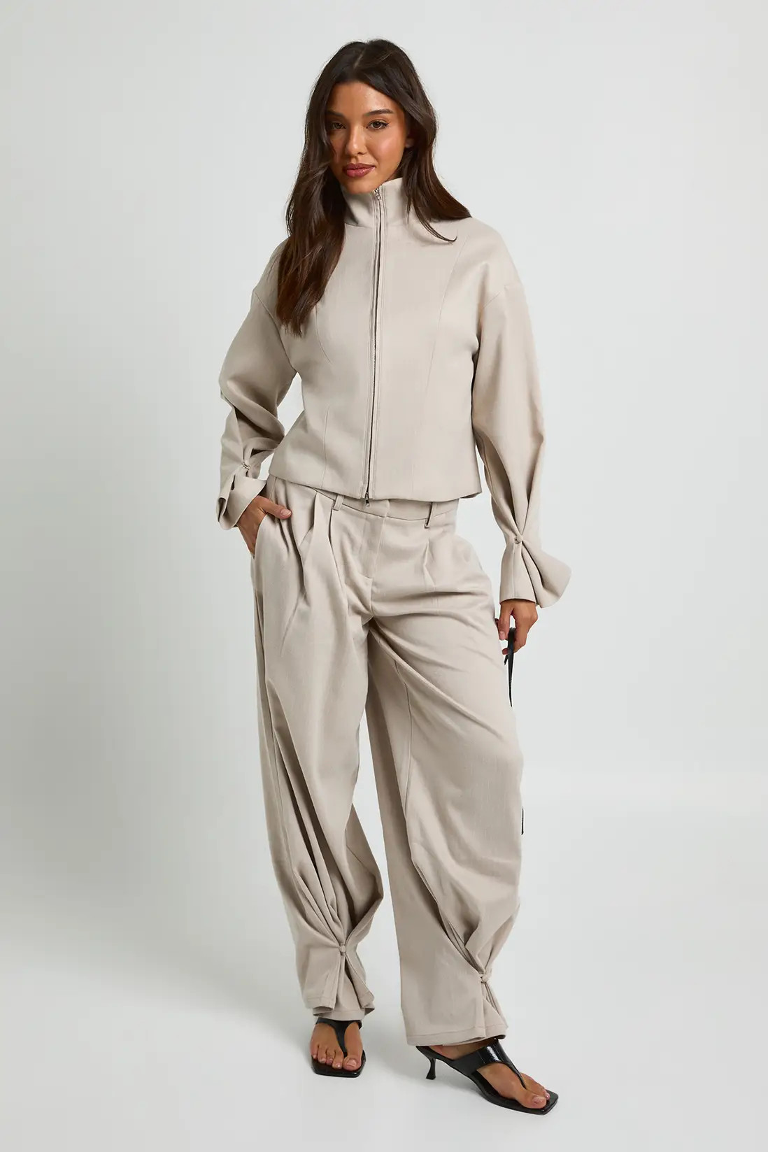 Beige Tonal Stripe Funnel Neck Tailored Jacket | Boohoo | Boohoo.com (UK & IE)
