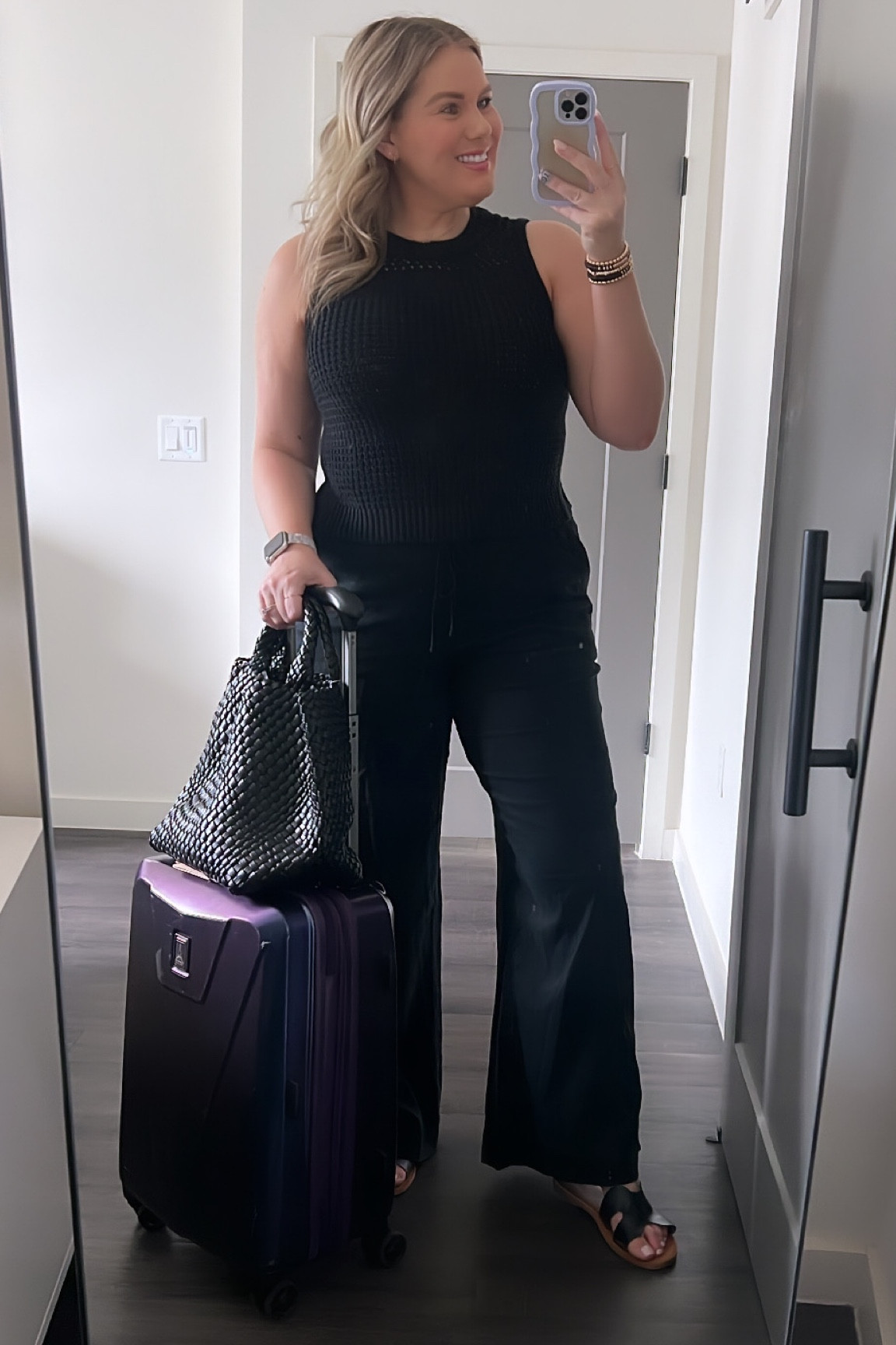 All black everything: The perfect travel OOTD. 
Black linen pants 
Black sleeveless sweater tank
Black sandals
Travel pro hard sided spinner carry on suitcase 
Black woven tote 


#LTKcurves #LTKstyletip #LTKtravel