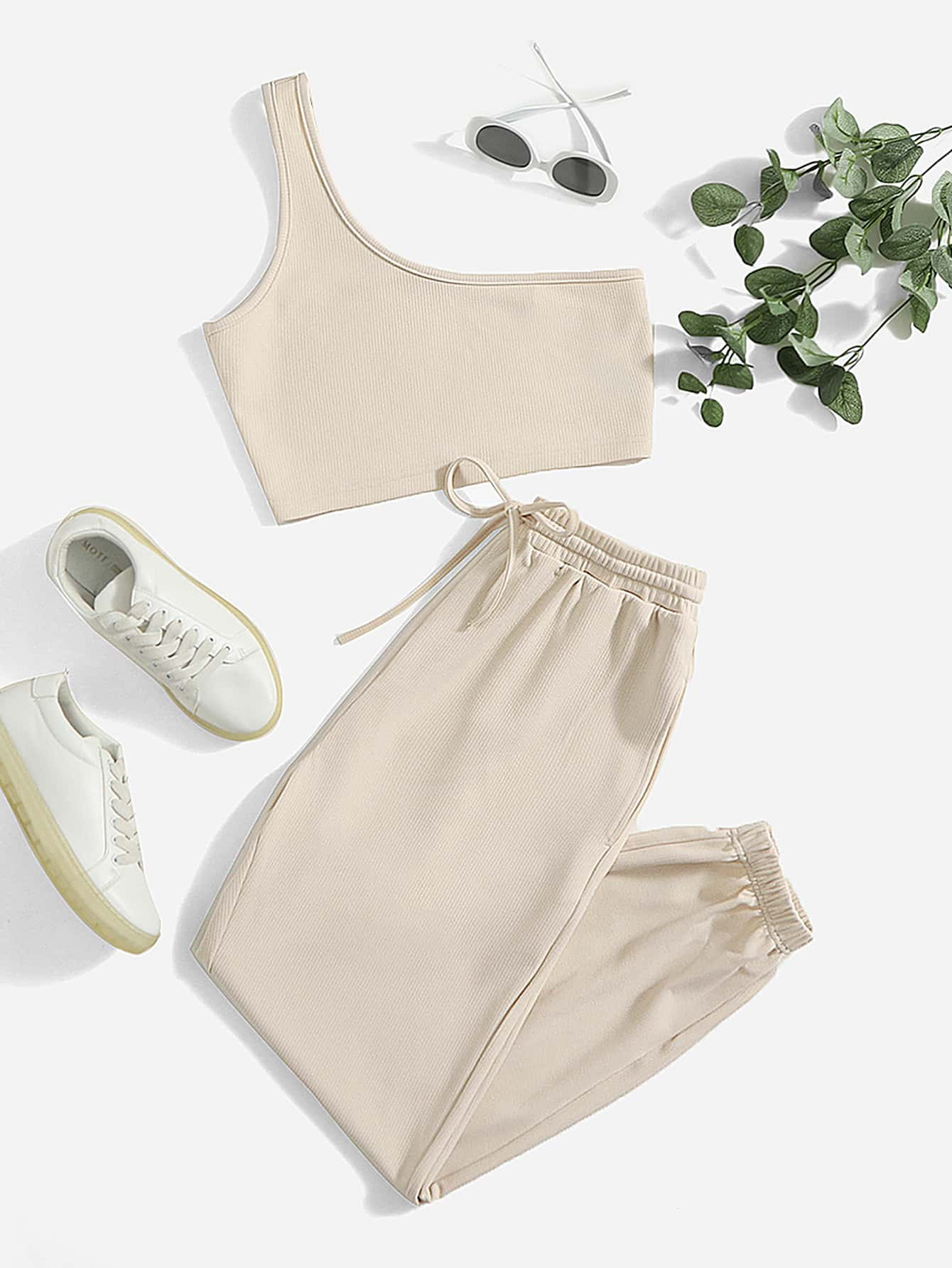 SHEIN EZwear One Shoulder Top & Drawstring Waist Sweatpants | SHEIN