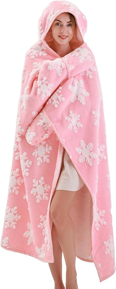 YIRDDEO Wearable Blanket Christmas Soft Blanket with White Snowflake Tufted Pink Picnic Blankets ... | Amazon (US)