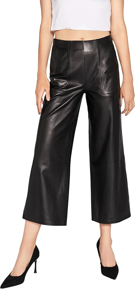Women's Real Leather Pants High Waist Leather Wide Leg Pants Black SmartUniverseWear | Amazon (US)