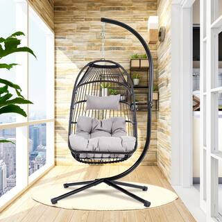 Nestfair 74 in. Black Wicker Iron Patio Swing Chair with Stand and Gray Cushion LWF285496E | The Home Depot