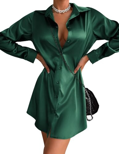 Zeagoo Women's Satin Shirt Dress V Neck Long Sleeve Short Mini Casual Club Party Dress Green,Large | Amazon (US)