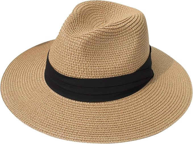 DRESHOW Women Straw Panama Hat Fedora Beach Sun Hat Vintage Headband Wide Brim Straw Roll up Hat ... | Amazon (US)