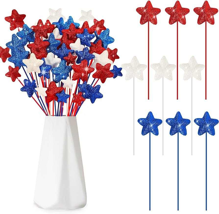 JUNEBRUSHS 4th of July Decorations, 108 Pcs Glitter Puffy Star Picks Foam Star Stems Red White an... | Amazon (US)