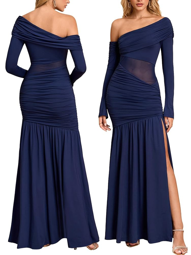 Women One Shoulder High Slit Maxi Dress Ruched Bodycon Cutout Long Sleeve Formal Wedding Guest Dr... | Amazon (US)