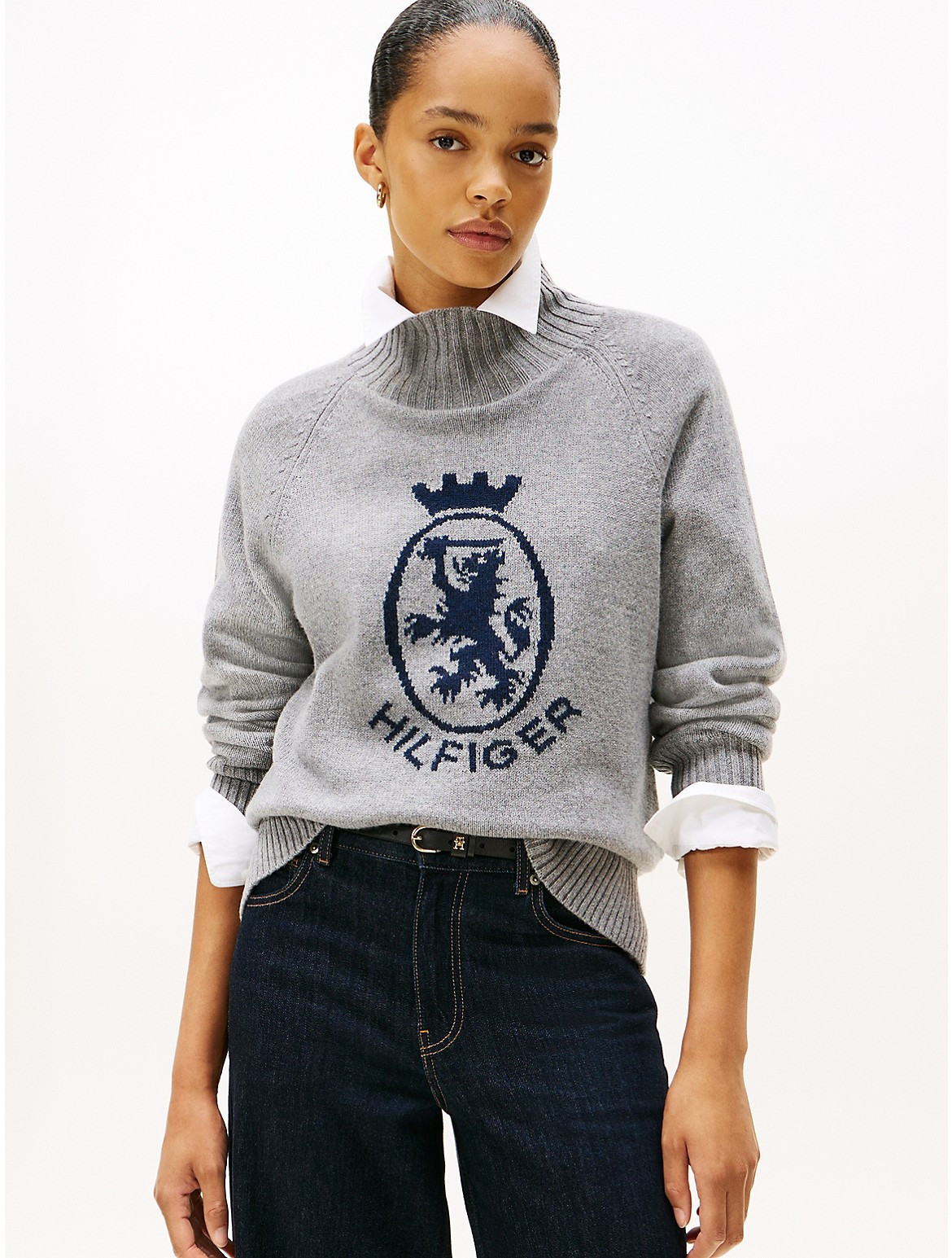 Tommy Hilfiger Women's Intarsia Crest Logo Wool-Blend Sweater - Grey - XS | Tommy Hilfiger (US)