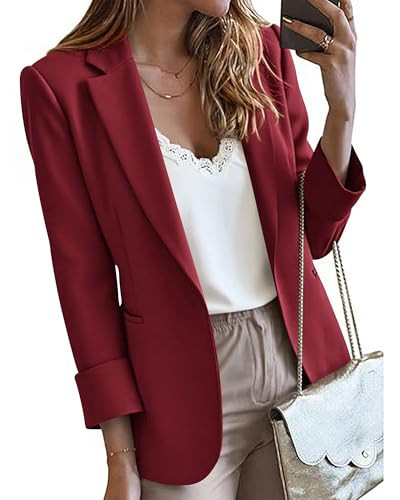 KIRUNDO Blazers for Women Business Casual Long Sleeve Open Front Lapel Suit Jackets Office Work Blazer Pockets Fall Clothes(Burgundy, XX-Large) | Amazon (US)