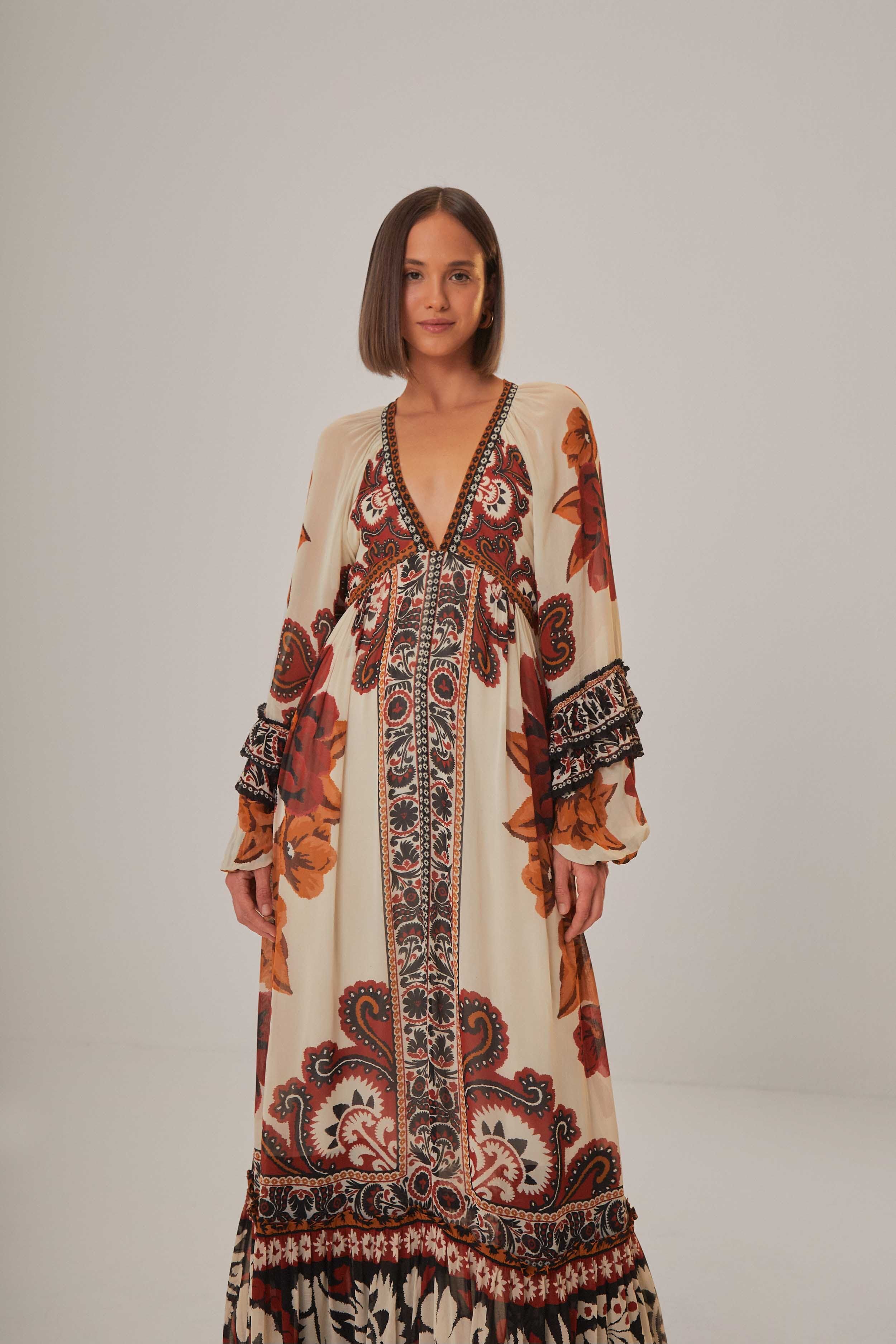 Sand Winter Tapestry V Neck Maxi Dress | FarmRio