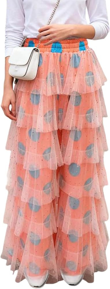 Women's Long Tiered Ruffled Tulle Pants High Waist Stripe Print Layered Mesh Wide Leg Palazzo Pan... | Amazon (US)