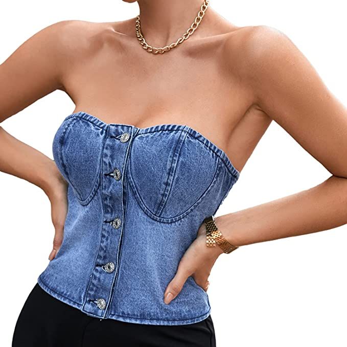 Ypser Women's Denim Corset Top Denim Crop Top Push Up Bustier Sleeveless Tube Top Streetwear | Amazon (US)