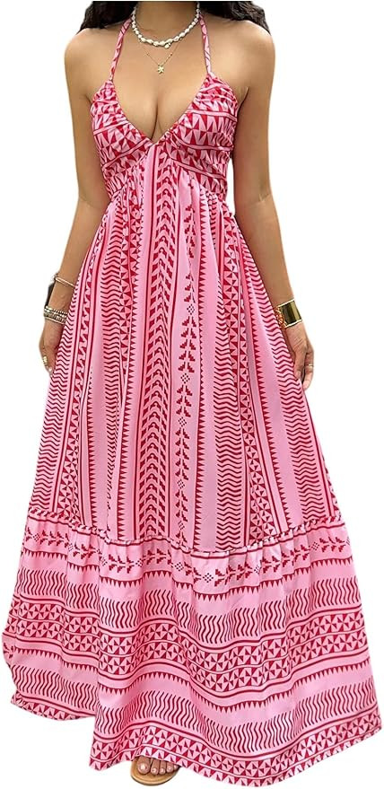 OYOANGLE Women's Summer Boho Maxi Dress Printed Flowy Halter Dress Sleeveless Tie Backless Beach ... | Amazon (US)