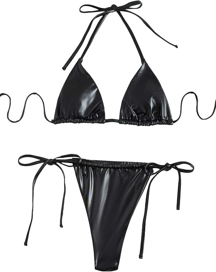 SOLY HUX Women's Metallic Halter Top Two Piece Swimsuit Tie Side Triangle Bikini | Amazon (US)