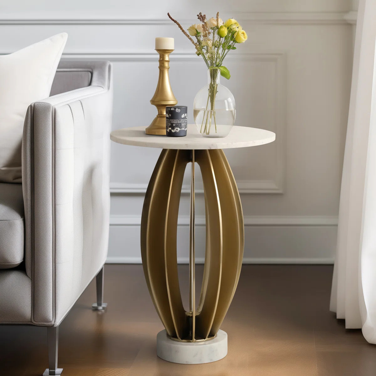 Iakovo White Marble & Gold Metal Accent Table - 25" Round Modern Glam Side Table for Living Room ... | Wayfair North America