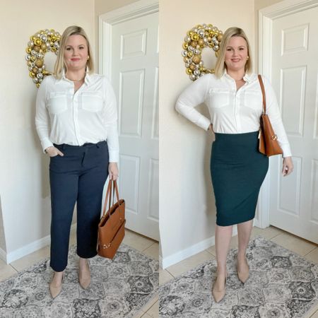 Universal Standard workwear looks! Wearing size XS in all three pieces, all fit true to size. Office business casual outfits  

#LTKmidsize #LTKworkwear #LTKover40