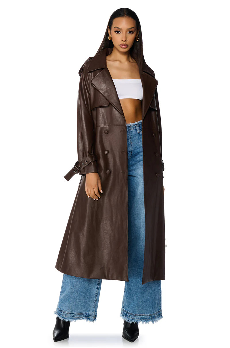 AU REVOIR FAUX LEATHER TRENCH IN BROWN | AKIRA