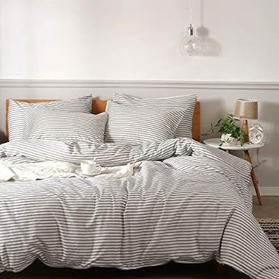 JELLYMONI 100% Natural Cotton 3pcs Striped Duvet Cover Sets,White Duvet Cover with Grey Stripes P... | Amazon (US)