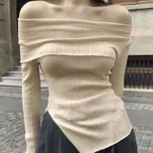 Women's Off Shoulder Solid Color Long Sleeve Sweater With Side Slit Hemline, New Autumn Collection Off Shoulder Sweater | SHEIN