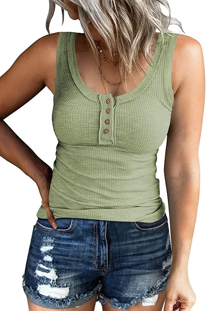 Kissfix Women Tank Tops Summer Casual Ribbed Sleeveless Basic Cami Top Slim Henley Button Down Blous | Amazon (US)