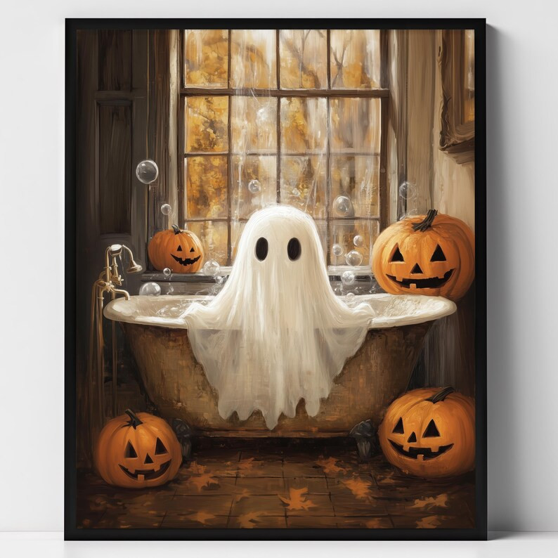 Cute Ghost in Bathtub Halloween Digital Print, Pumpkin Wall Art, Spooky Fall Home Decor, Whimsica... | Etsy (US)
