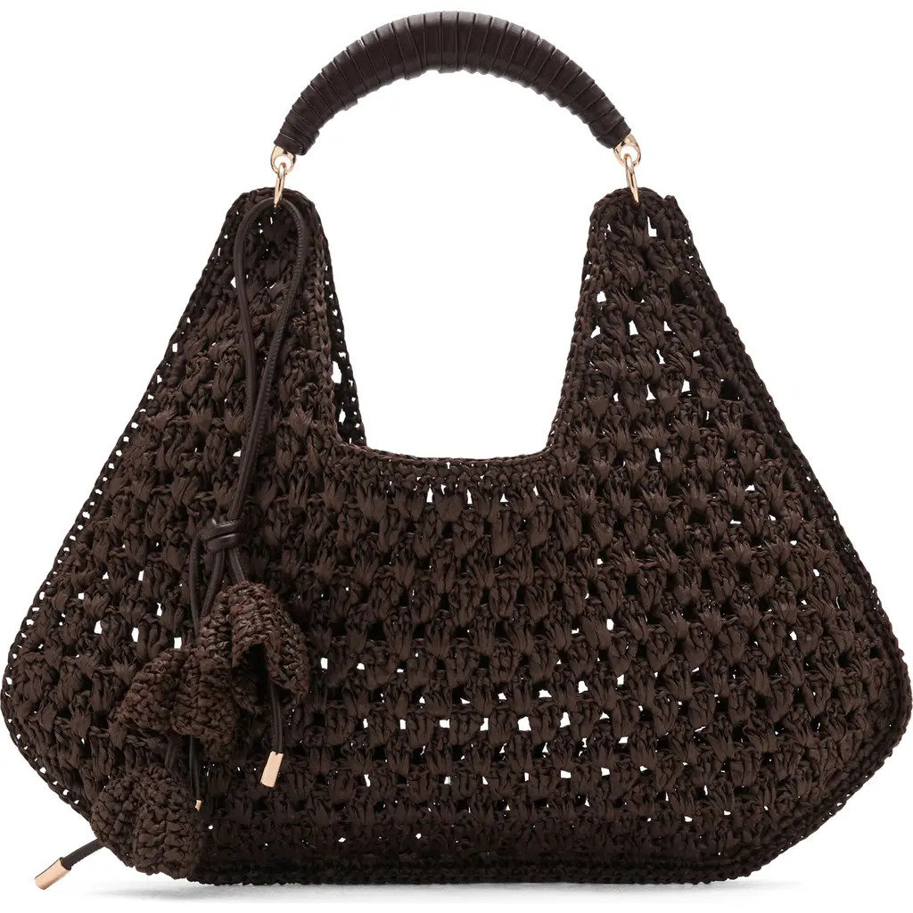 MANGO Flower Charm Knit Straw Tote in Chocolate at Nordstrom | Nordstrom