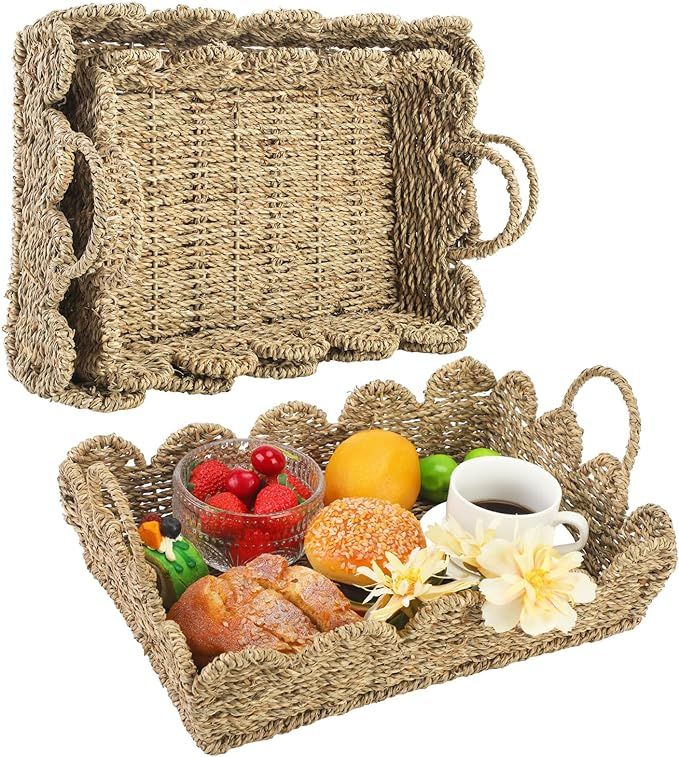Suzile 2 Pcs Seagrass Serving Tray with Handle Wicker Woven Decorative Tray with Scalloped Edge W... | Amazon (US)