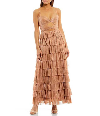 Grace Metallic Plisse Sweetheart Neck Cut-Out Tiered Dress | Dillard's