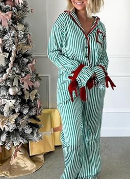 KMBANGI Women Santa Bow Tie Pajama Set Christmas Long Sleeve Shirt Pants Pj Silky Satin Graphic 2... | Amazon (US)
