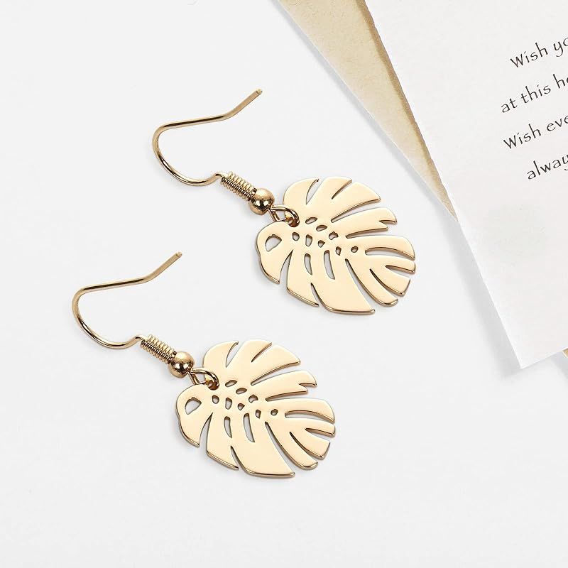 Leaf Earrings Botanical Jewelry Gold Tropical Earrings Plant Lady Minimalist Earrings Dangle Earr... | Amazon (US)