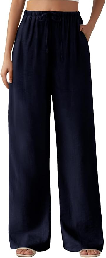 Feiersi Women's Casual Pants Drawstring Elastic Waist Pants Flowy Wide Leg Beach Trousers with Po... | Amazon (US)