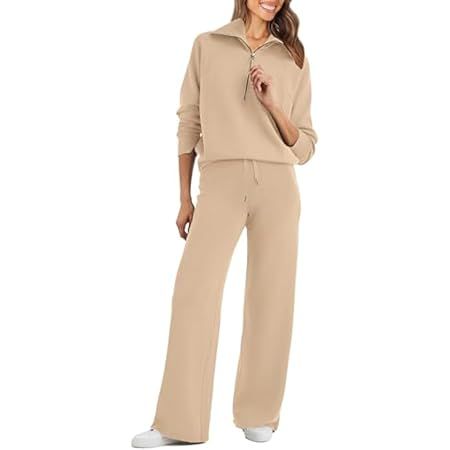 Glamaker Womens 2 Piece Outfits Sweatsuit Set Oversized Half Zip Sweatshirt Wide Leg Sweatpants Lounge Set Tracksuit | Amazon (US)