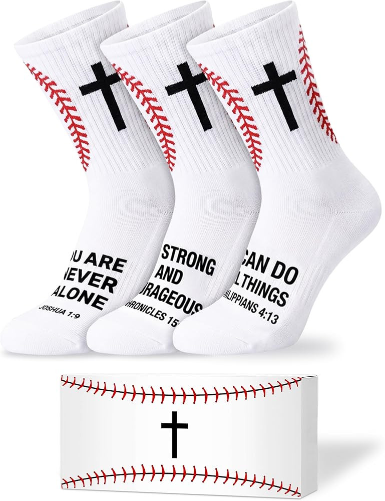 Glitopper 3 Pair Baseball Cross Socks with Box Baseball Prayer Socks Inspirational Bible Verse Re... | Amazon (US)