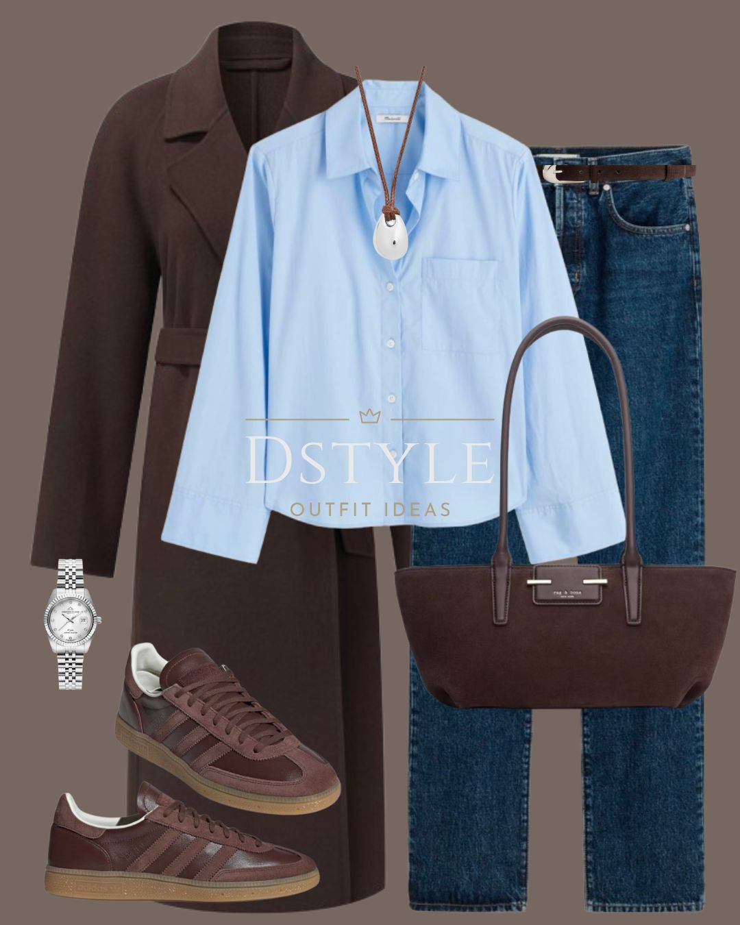 ☕ Mixing a classic light blue button-down shirt (a total wardrobe staple) with a rich dark brown wool coat and comfy brown leather sneakers. This color combo is unexpectedly perfect for winter and spring transitional weather. Styled with wide-leg dark wash denim jeans and a statement silver watch. Shop this entire elevated casual look for the perfect blend of comfort and style! 

 #LTKootd #LTKFindsUnder100 #LTKWorkwear