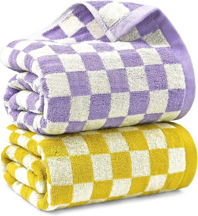Checkered Bath Towel Set in Yellow and Lilac, Soft Colorful Bath Towels for Bathroom Spa, Large S... | Amazon (US)