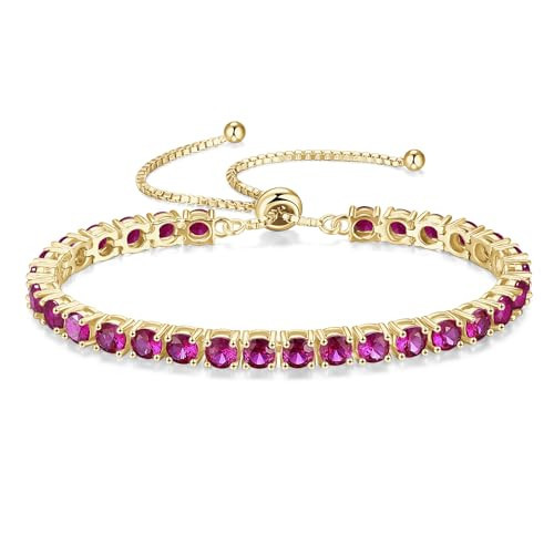 FANCIME July Birthstone Jewelry Ruby Bracelet 14K Gold Plated Tennis Bracelet Bolo Adjustable Chain Fine Jewelry Gifts for Women Mom Wife Her, 4mm Width | Amazon (US)