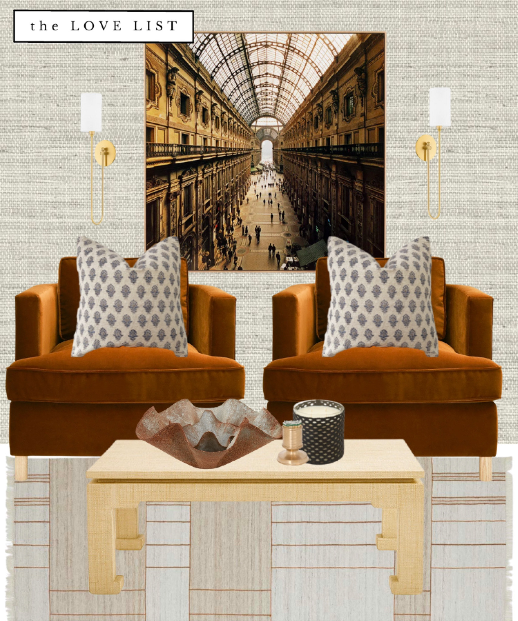 Modern living room decor with velvet arm chairs, hand block print pillows, graphic indoor outdoor rug, photography print, grey weave wallpaper, brass sconces, wavy organic planter, woven candles and match strikers. // accent chair, armchairs, winter decor, living room design, Etsy pillows, earthy decor, moody accessories 

#LTKstyletip #LTKSeasonal #LTKhome