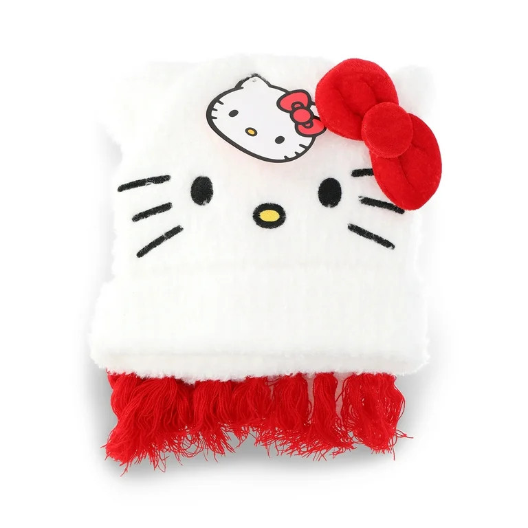 Sanrio Hello Kitty Women’s Beanie and Scarf 2-Piece Set, White Red | Walmart (US)
