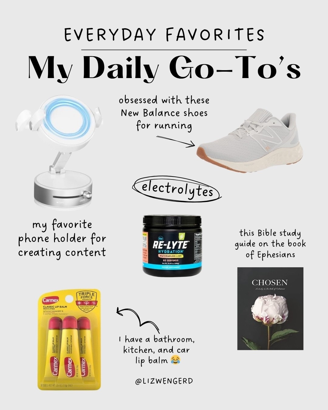 The products I use all the time and am obsessed with. 🤩

Electrolytes, running shoes, chapstick, Bible study guide, magnetic phone holder 

#LTKActive #LTKFindsUnder50 #LTKSeasonal