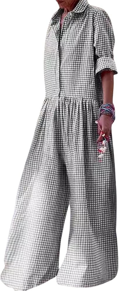 CHARTOU Women Plaid Jumpsuit Button Shirt Roll Up Long Sleeve Romper Gingham Wide Leg Jumpsuit Fl... | Amazon (US)