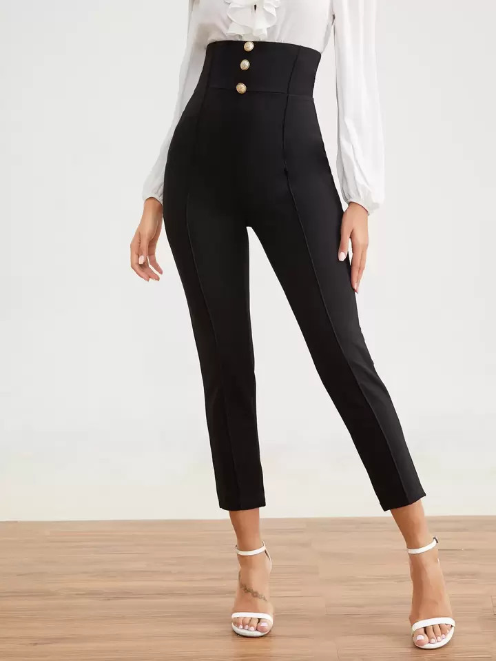 SHEIN Privé Buttoned Detail Wide Waistband Pants | SHEIN