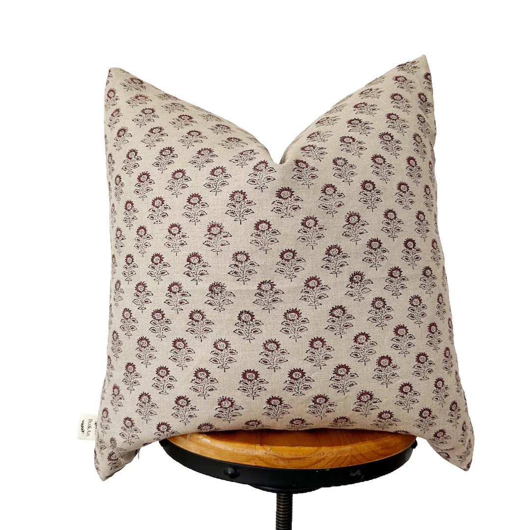 Block Print Linen Pillows, Red Floral Pillow Cover - Etsy | Etsy (US)