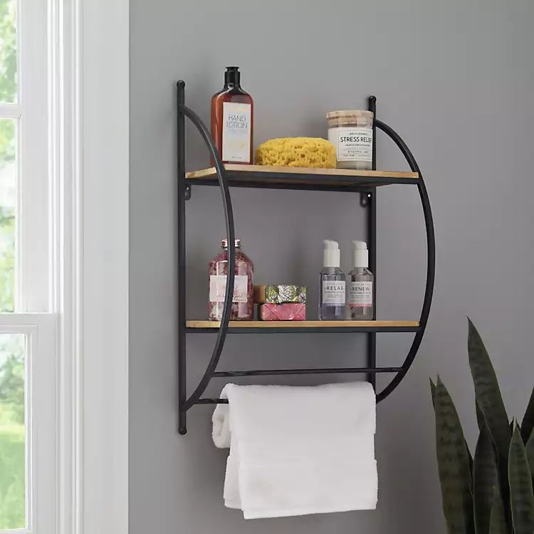 Double Wood and Metal Wall Shelf with Towel Rods | Kirkland's Home