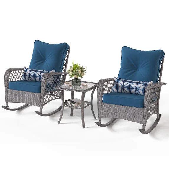 POTEBAN 3-Piece Outdoor Rocking Chairs, Wicker Patio Furniture with Thickened Cushions and Table ... | Walmart (US)