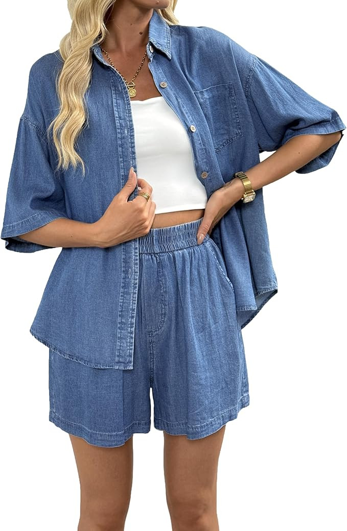 heipeiwa Women's 2 Piece Outfits Summer Denim Sets Short Sleeve Button Down Shirts Lightweight Je... | Amazon (US)