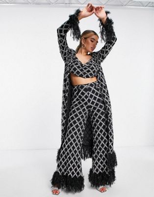ASOS LUXE maxi embellished coat with feather cuffs in black and silver - part of a set | ASOS (Global)