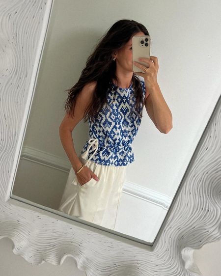 Causal summer outfit - blue and white sleeveless top, simple gold jewelry 

#LTKSeasonal #LTKStyleTip