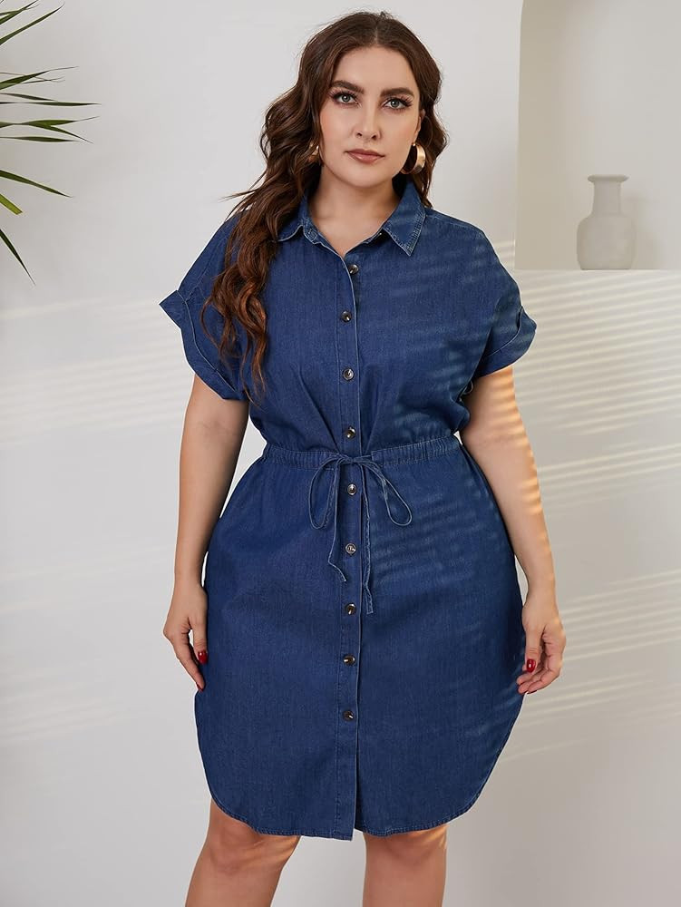 Love Welove Fashion Women's Summer Denim Cotton Shirt Dress Short Sleeves Knee Length Button Down Ca | Amazon (US)