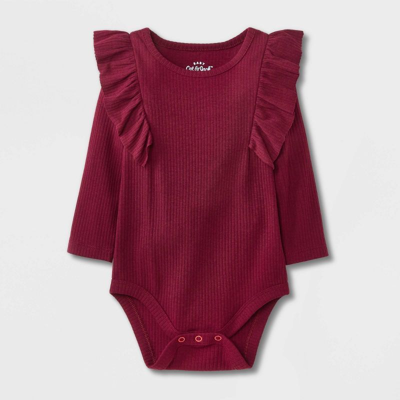 Baby Girls' Rib Ruffle Long Sleeve Bodysuit - Cat & Jack™ Burgundy | Target