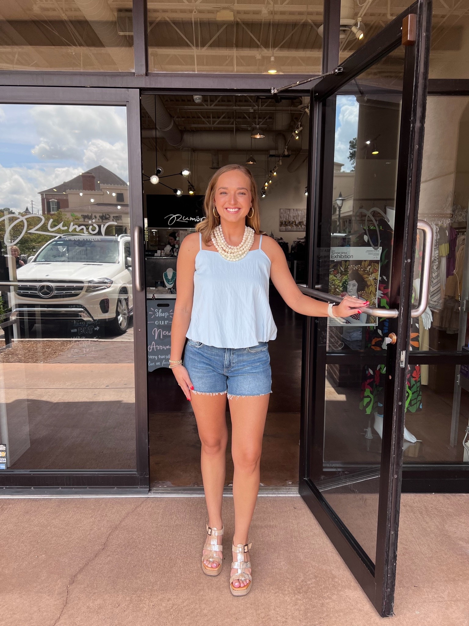 such a cute outfit for summer! Featuring a light blue cropped tank, jean shorts, and beaded ivory Caroline Hill necklace 💕

#LTKootd #LTKSeasonal