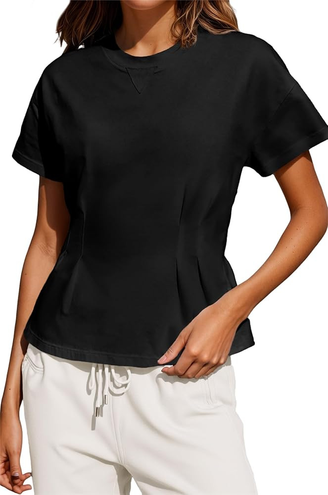 Fisoew Womens Babydoll Tops Short Sleeve Peplum Pleated Summer T-Shirts Casual Loose Fit Flowy Sh... | Amazon (US)